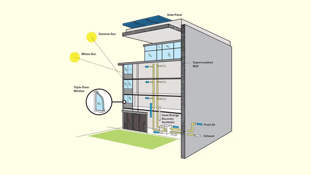 Ejemplo de casa pasiva con incidencia en el aislamiento, el sistema de ventilación y el aprovechamiento de la energía solar de forma natural y mediante placas.